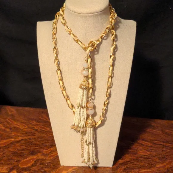 NWOT! Ivory Faux Leather and Gold Tone Chain Bead Tassel Knotted Necklace Belt - Picture 1 of 8